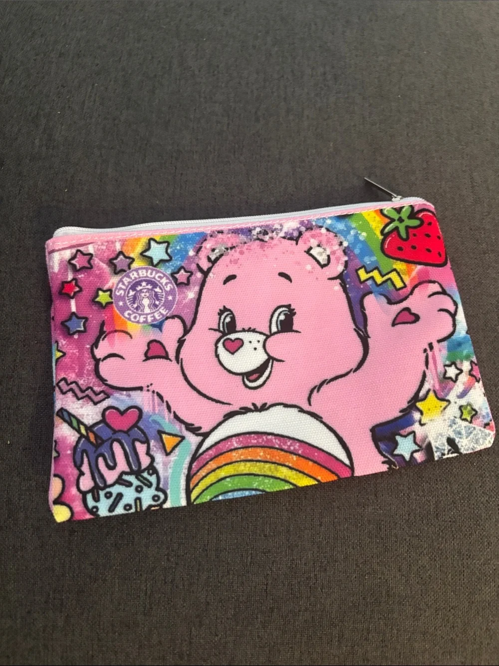 Care Bears Pink Rainbow Zip Pouch with Star & Strawberry Artwork